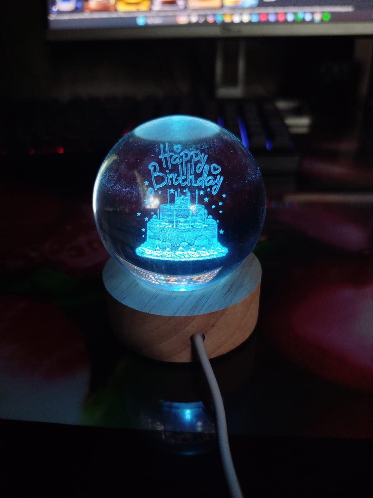 Happy Birthday Color Changing Crystal Ball LED Night Light – 8cm - Image 2